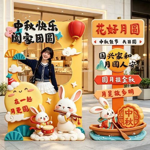 中秋节主题装饰品摆件商场门店铺氛围场景布置拍照道具背景墙立牌