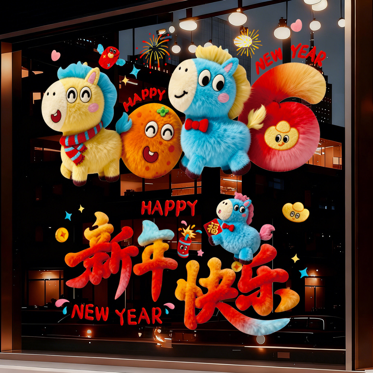 2026新年装饰马年新款静电贴卡通毛绒橱窗贴春节店铺玻璃门贴窗花,节庆用品/礼品,喜字/剪纸/贴纸,淘宝优惠券,粉丝福利购,淘宝优惠卷