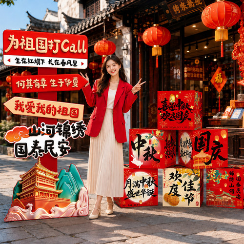 国庆节氛围场景布置盒子摆件中秋门店铺景区kt板背景装饰拍照道具