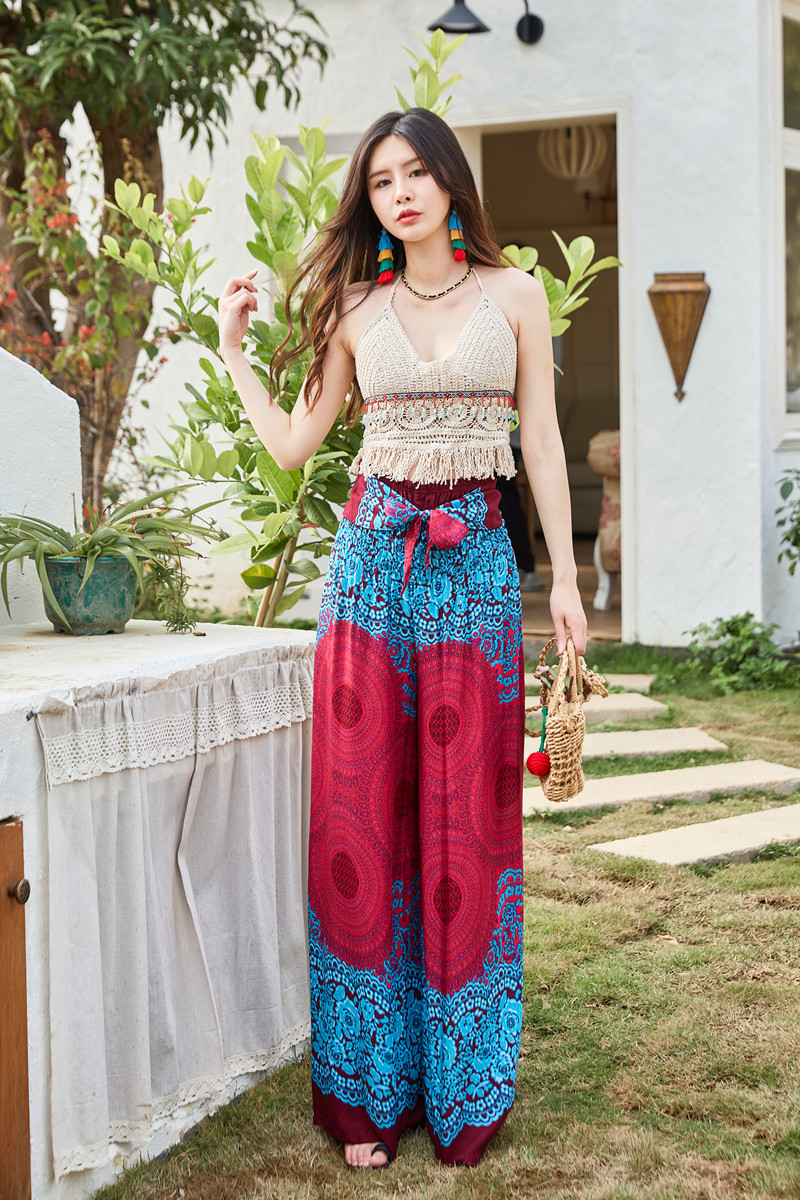 高腰宽松阔腿裤子长尼泊尔棉裙裤