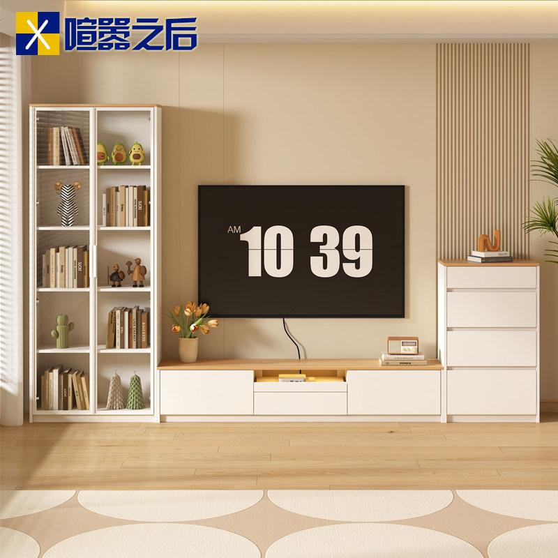 原木奶油风落地实木电视柜收纳柜一体茶几组合客厅背景墙柜9D139,住宅家具,电视柜,淘宝优惠券,粉丝福利购,淘宝优惠卷