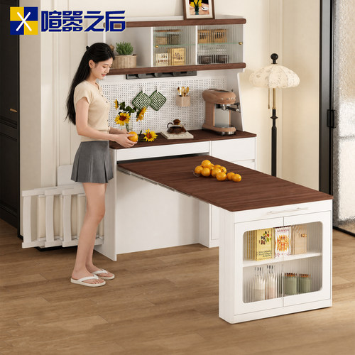 实木餐边柜餐桌一体可伸缩折叠