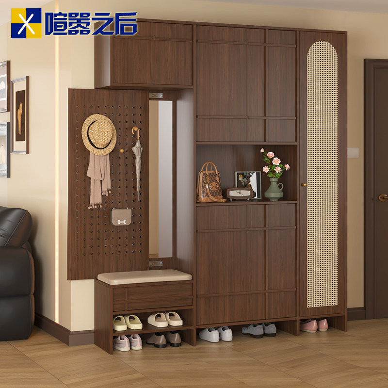 中古风实木鞋柜家用门口换鞋凳挂衣架一体靠墙入户门厅玄关柜N104