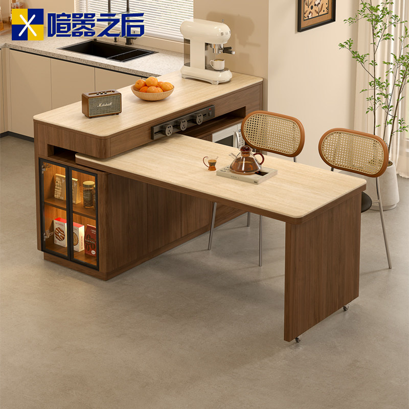 中古风实木旋转岛台餐桌一体伸缩中岛餐台开放式厨房吧台桌9E88