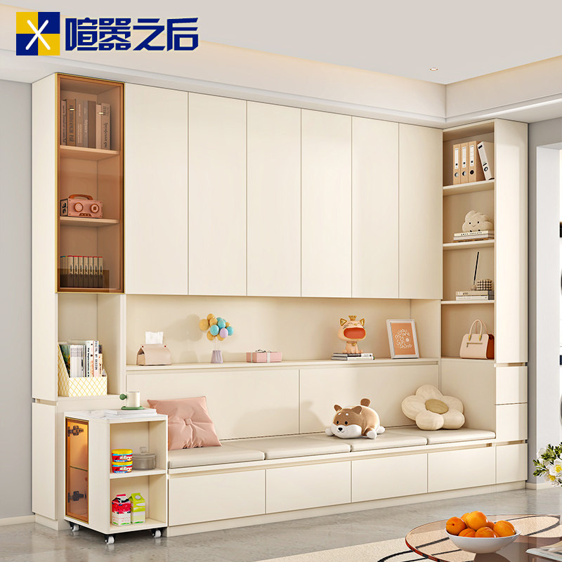 奶油风书房卡座组合书柜一体落地拐角储物柜收纳柜客厅定制F61,住宅家具,组合书柜,淘宝优惠券,粉丝福利购,淘宝优惠卷