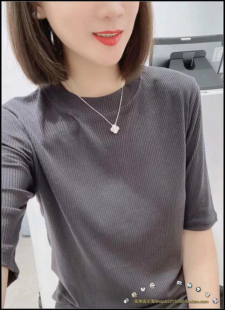 清仓特价韩国站实体店㊣2023秋新款圆领螺纹五分袖T恤韩货打底衫