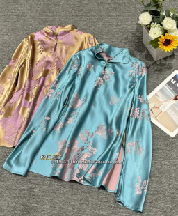 欧洲站3月21日㊣2026春新中式 高领也可翻领上衣 桑蚕丝提花衬衫