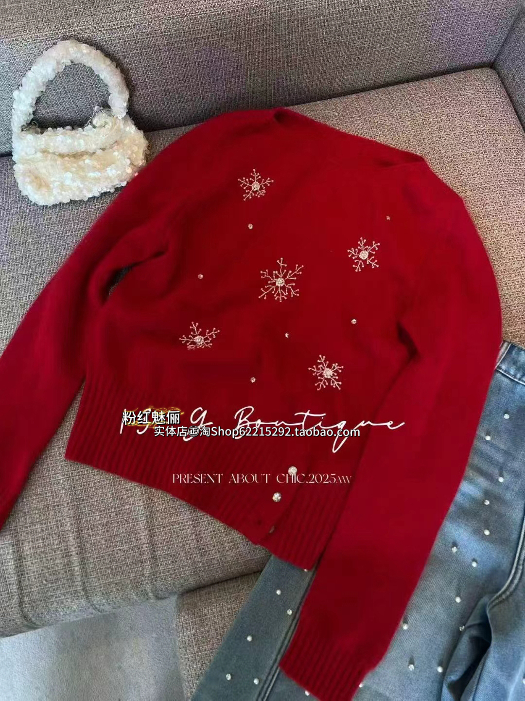 欧洲站12月2日实体店㊣2025冬圆领雪花花朵订珠绵羊毛毛衣套衫