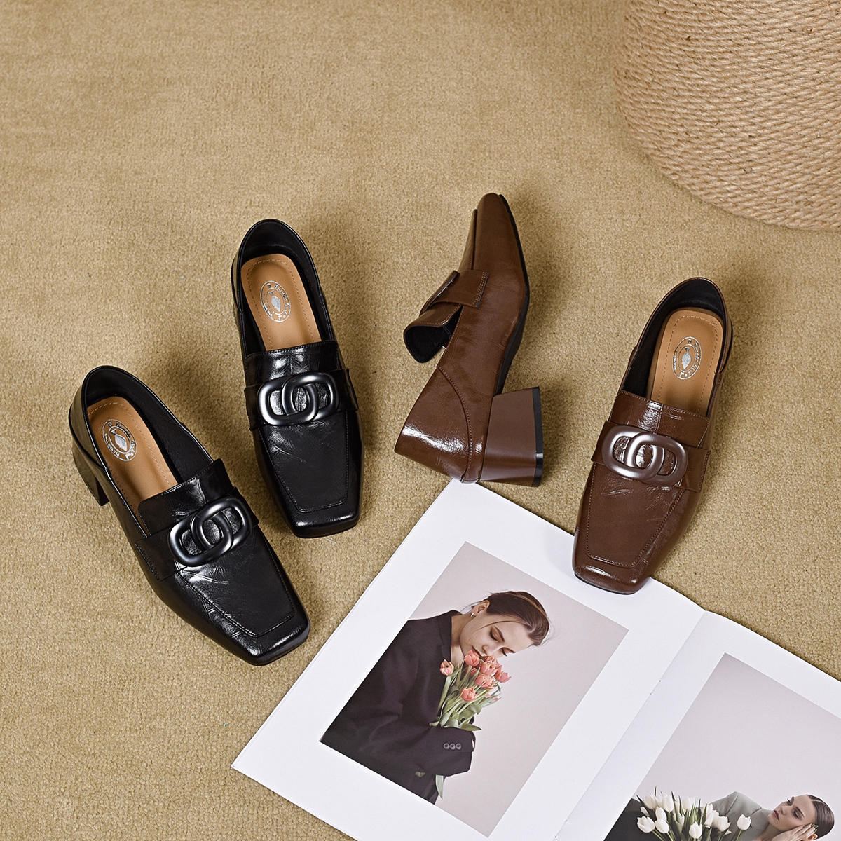 昔子5500新款单鞋方跟复古中跟春秋百搭英伦风方头粗跟时尚春季