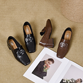 昔子5500新款 春季 单鞋 方跟复古中跟春秋百搭英伦风方头粗跟时尚