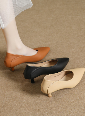 韩版新款尖头细跟大小码41工作鞋2024春季百搭真皮浅口单鞋女33