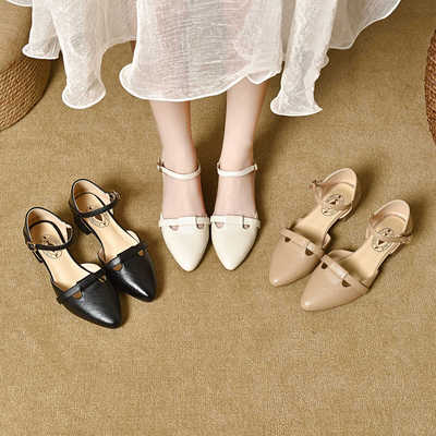 夏季粗跟33-414cm尖头真皮女鞋