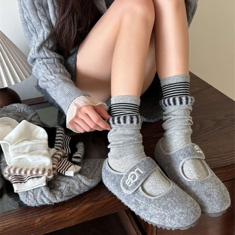 双层拼接喇叭袜经典流行款潮袜堆堆袜时尚洋气条纹外穿中筒棉袜