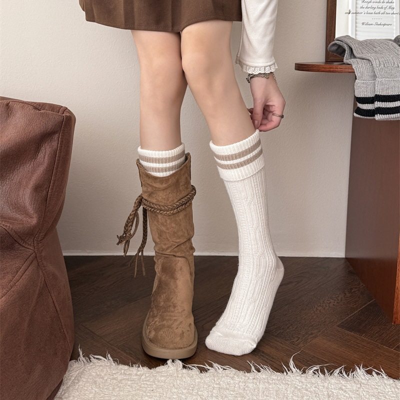 秋冬韩国小众麻花羊毛小腿袜学院风翻边双杠条纹潮流百搭堆堆袜子