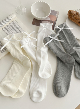 芭蕾风洛丽塔春夏季日系JK袜子女中筒袜后跟蝴蝶结百搭堆堆袜黑色