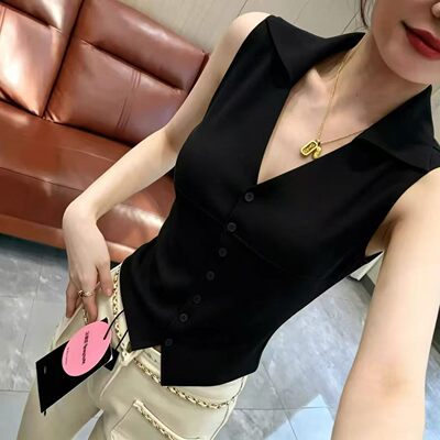 WEME6523夏装新品韩版修身V领单排扣无袖冰丝针织衫背心上衣女
