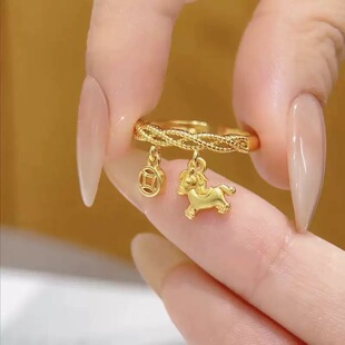 马上有钱金色招财小马钱币开口戒指女气质优雅时尚百搭高档食指戒