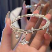 繁花似锦银手镯女实心镯子年轻款 百搭手链送女友生日礼物学生闺蜜