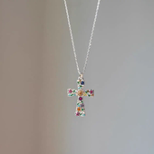 Vintage古着Garden Cross彩色花朵十字架欧美风个性 轻奢独特项链