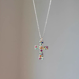 Vintage古着Garden 轻奢独特项链 Cross彩色花朵十字架欧美风个性