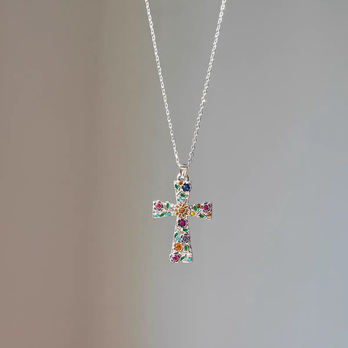 Vintage古着Garden Cross彩色花朵十字架欧美风个性轻奢独特项链