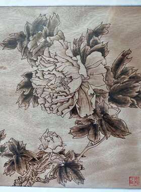 手工烙画富贵牡丹 烫画 火笔画 手工艺品 木版画国画书画35*50cm