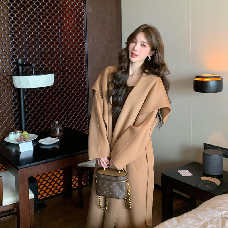 驼色双面呢羊绒大衣女2025冬季新款高级感中长款大翻领羊毛呢外套