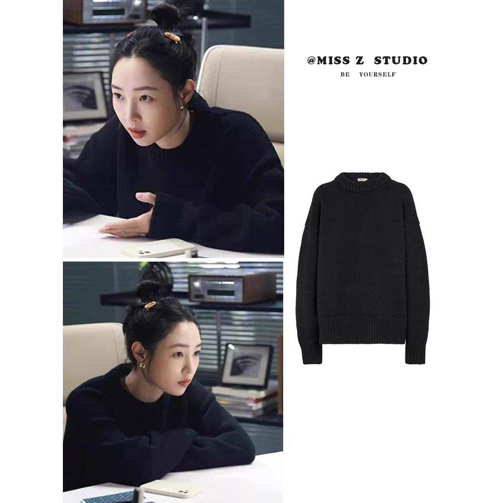 白百何明星同款100%棉慵懒风加厚黑色毛衣女上衣外套2025冬装新款