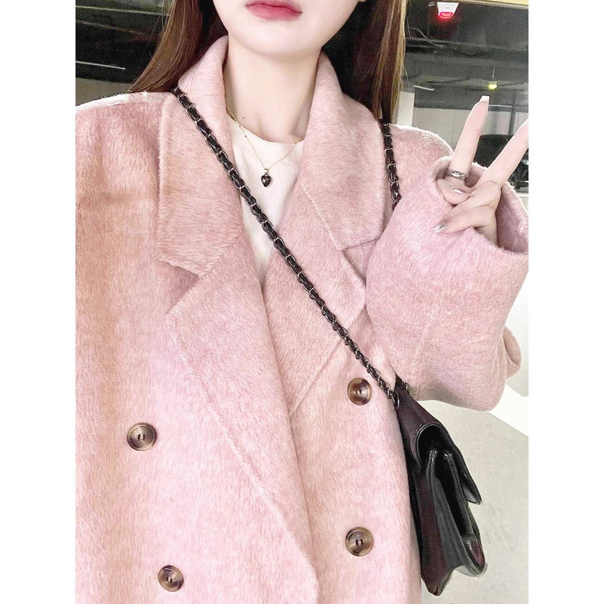 粉色羊绒呢大衣女2025秋冬新款韩系高级感小个子加厚羽绒毛呢外套