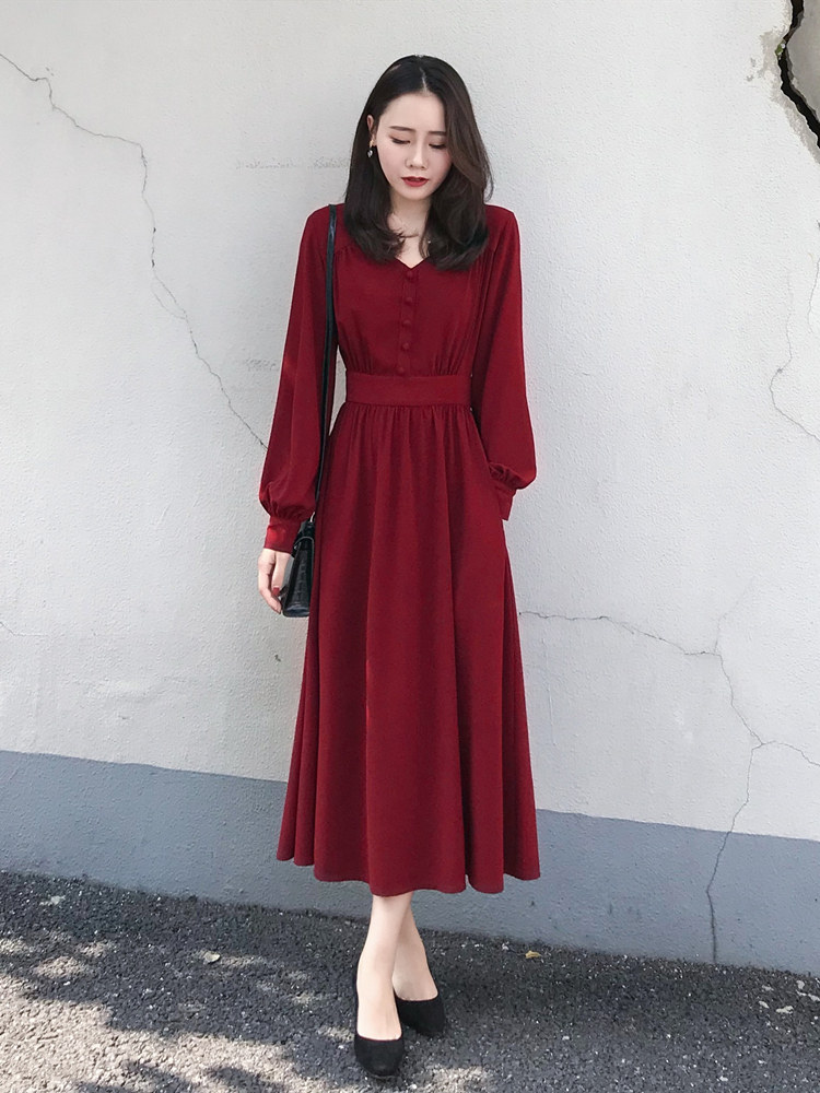 초가을 프렌치 복고 햅번 스타일 리틀 레드 원피스 허리 슬림 기질 중기 브이넥 긴팔 레드 원피스