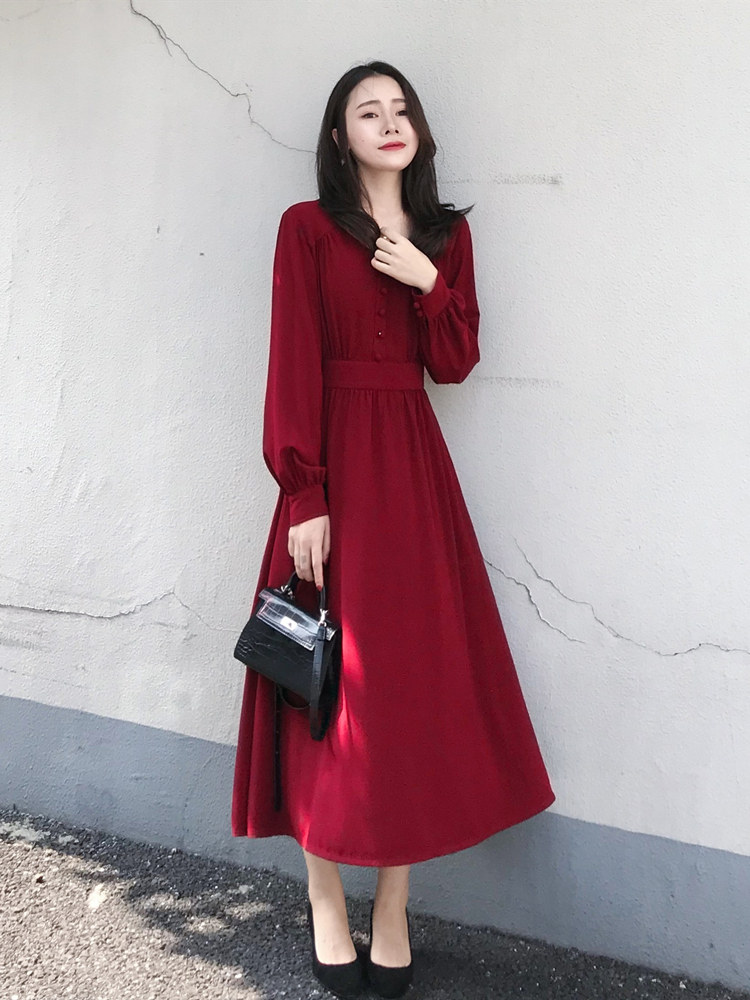 초가을 프렌치 복고 햅번 스타일 리틀 레드 원피스 허리 슬림 기질 중기 브이넥 긴팔 레드 원피스