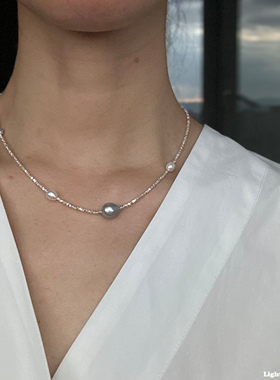 Lightnight夜白原创碎银子银灰色巴洛克异形天然淡水珍珠纯银项链
