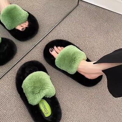 日本爆款毛毛拖鞋女冬季外穿高级感网红厚底毛绒一字棉拖春秋