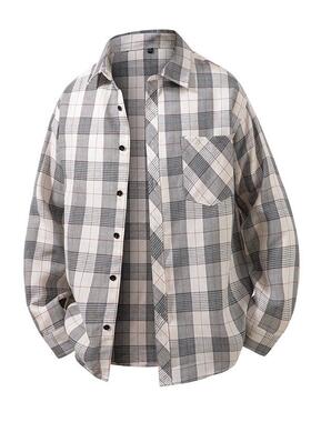 2026春秋新款欧美复古格子衬衫shirt男长袖休闲青年男装衬衣shir