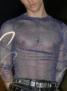 亚马逊爆款微透T恤T-shirt男 紧身长袖打底衫男士弹力修身紫色情