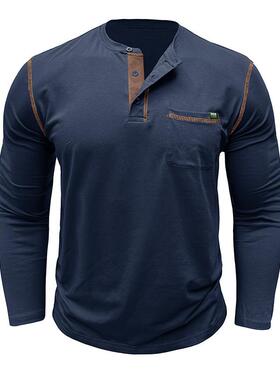 2024秋冬跨境欧美男装长袖t恤T-shirt  男士亨利衫亚马逊拼色样品