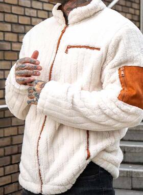 2025欧美跨境撞色设计感毛绒夹克 休闲男士宽松秋冬款保暖外套coa