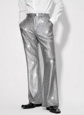 2026 欧美男装亮片格子裤男士新款晚演出礼服松紧腰休闲长裤pants