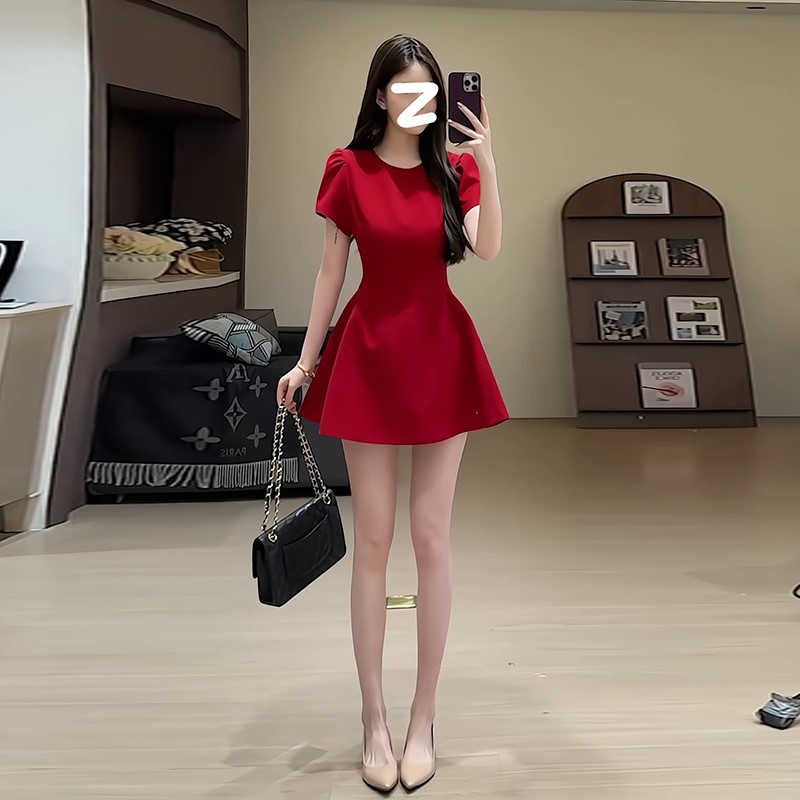 红色短袖连衣裙女夏季法式订婚礼