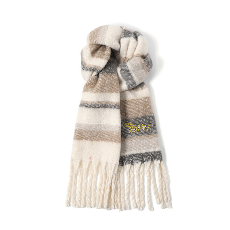 FREE RABBITⅡ新款刺绣围巾条纹流苏保暖绒线围巾情侣款男女同款