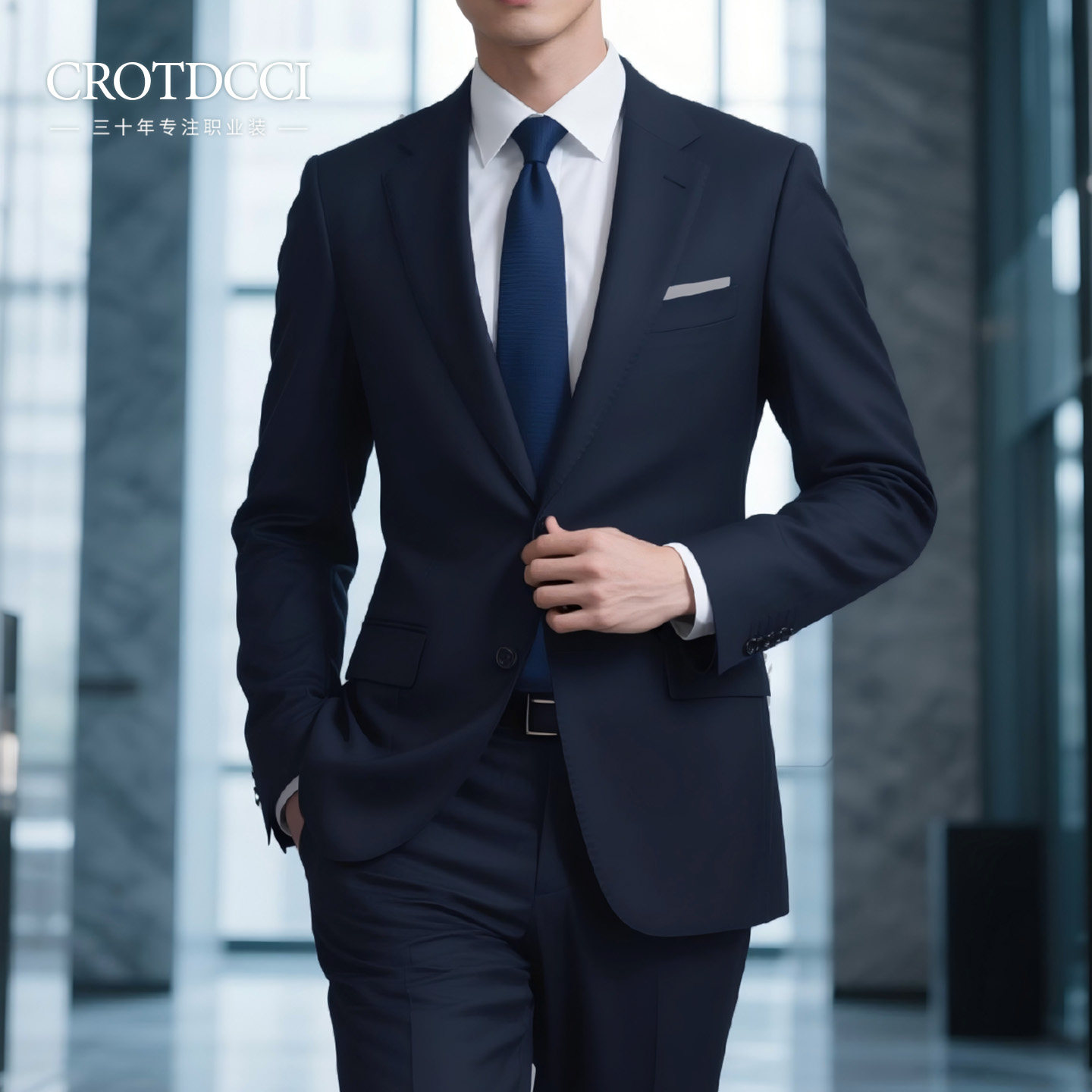 秋季新款男士商务休闲西服套装藏青色显瘦修身正装上班通勤职业装