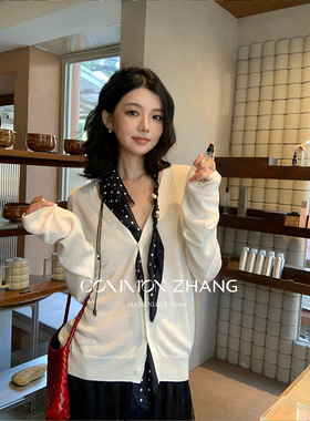 CZ ZHANG春学院风长袖针织开衫女甜美纯色外搭打底衫+领结 C15576