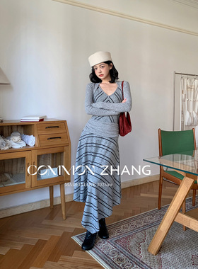 CZ ZHANG秋冬不规则V领条纹修身收腰针织连衣裙坎肩两件套 B46298