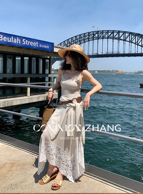 CZ ZHANG春名媛风蕾丝拼接针织吊带连衣裙女收腰A字长裙 C16870