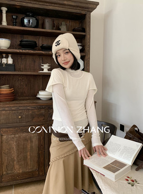 CZ ZHANG秋羊毛针织衫两件套女圆领短袖T恤半高领长袖打底B34913