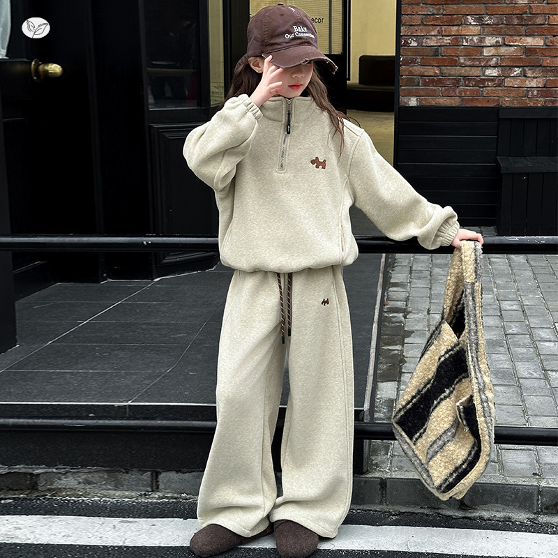 女童加绒卫衣套装2025秋冬新款中大童半拉链上衣阔腿裤两件套冬装