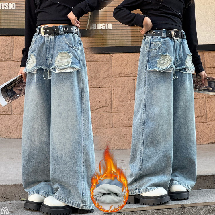 女童加绒牛仔裤2025新款秋冬洋气儿童时髦休闲中大童假两件阔退裤