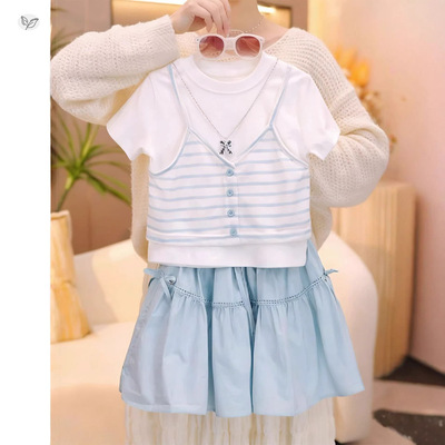 女童甜美夏装2026年新款假两件条纹T恤蝴蝶结半身裙两件套中大童