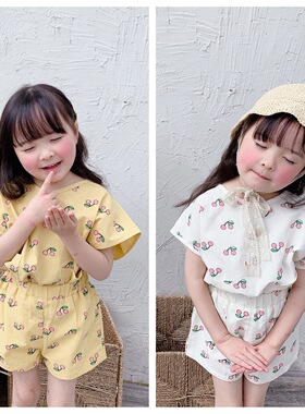 童装2026夏季新品 女童夏款韩版樱桃印花套装中小童两件套20392