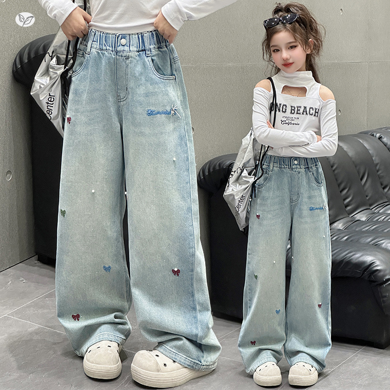 女童牛仔裤2025秋季新款大童女装蝴蝶结字母刺绣珍珠阔腿裤春秋款